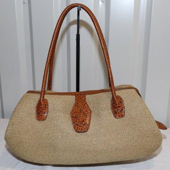 Eric Javits Handbags - Eric Javits Women's Straw Rafia Shoulder Bag East West Design Croc Embossed Tan